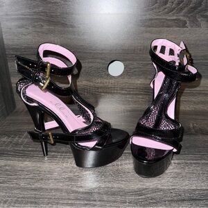 Ellie Black and Pink Women's Stiletto Heels with Fishnet and Buckle Accents